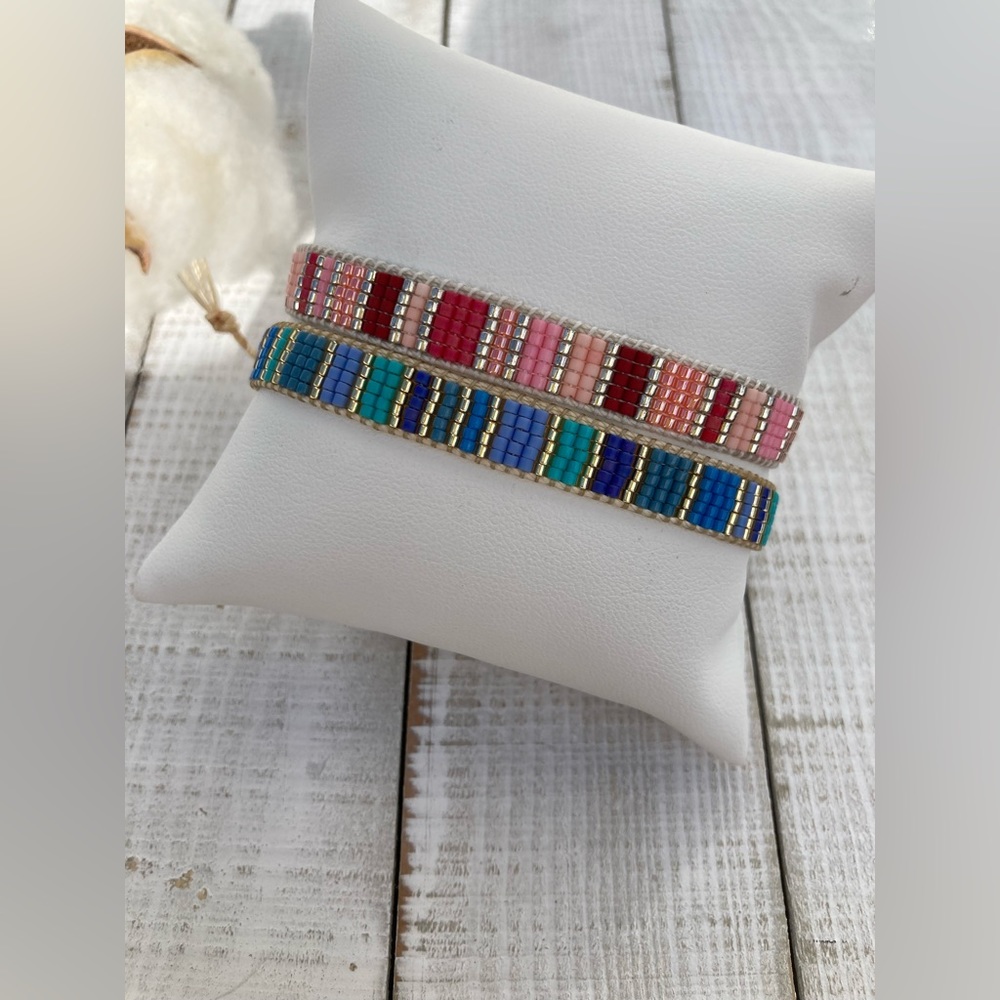 Stripes bead loom adjustable bracelet- in pinks or blues